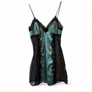 Frederick's of Hollywood Black and Teal Satin Chemise